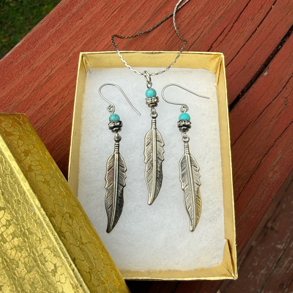 Turquoise and Silver Feather Earrings